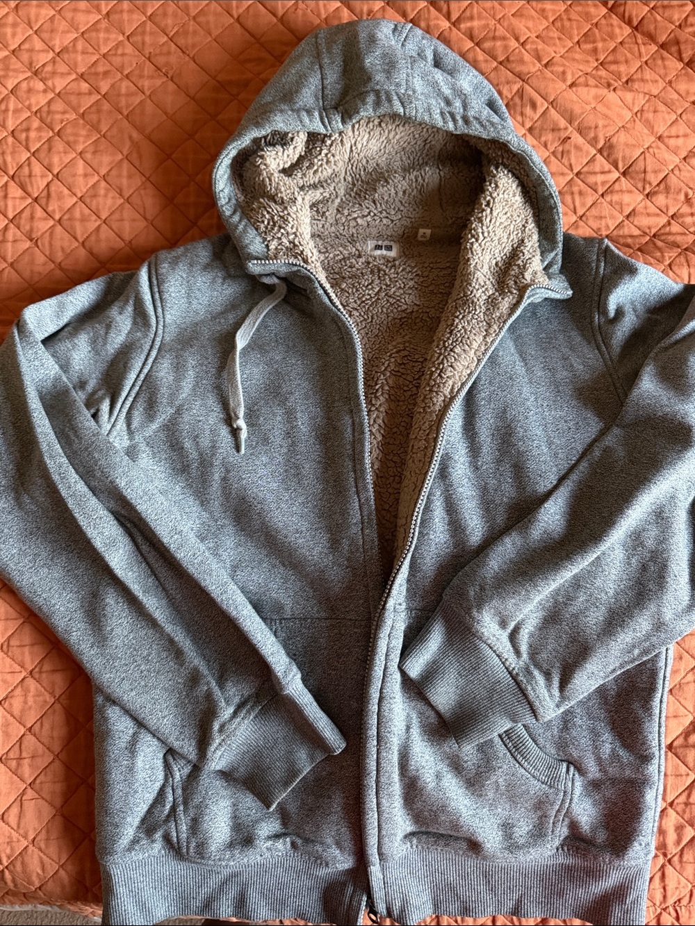 Unique Vintage Gray Hooded Zip Sweater with Cream Sherpa Lining